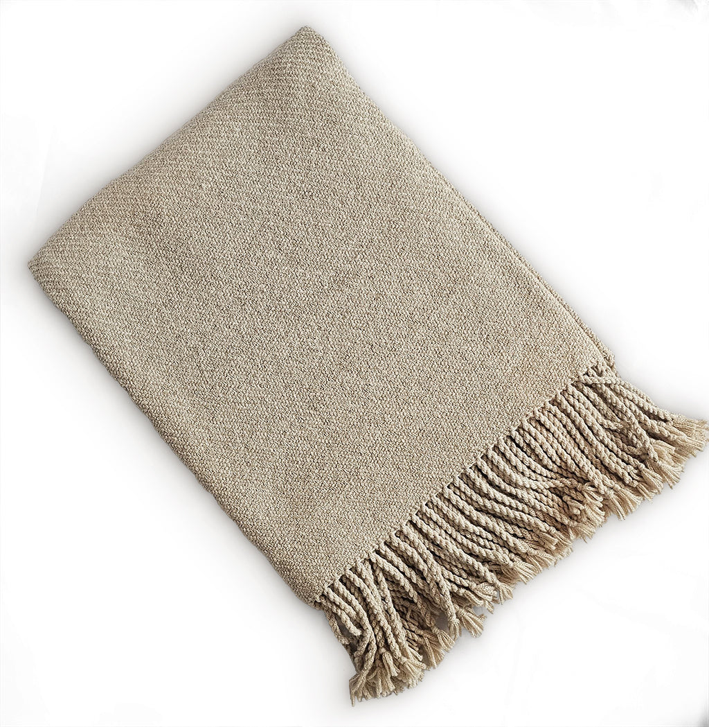 Handloomed Undyed Baby Alpaca & Peruvian Pima Cotton Light Tan Throw Blanket From Peru - Kulsi Collection