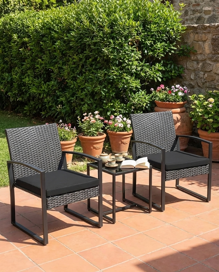 3-teiliges Outdoor-Terrassenmöbelset – Korbstühle + Bartisch mit Polstern
