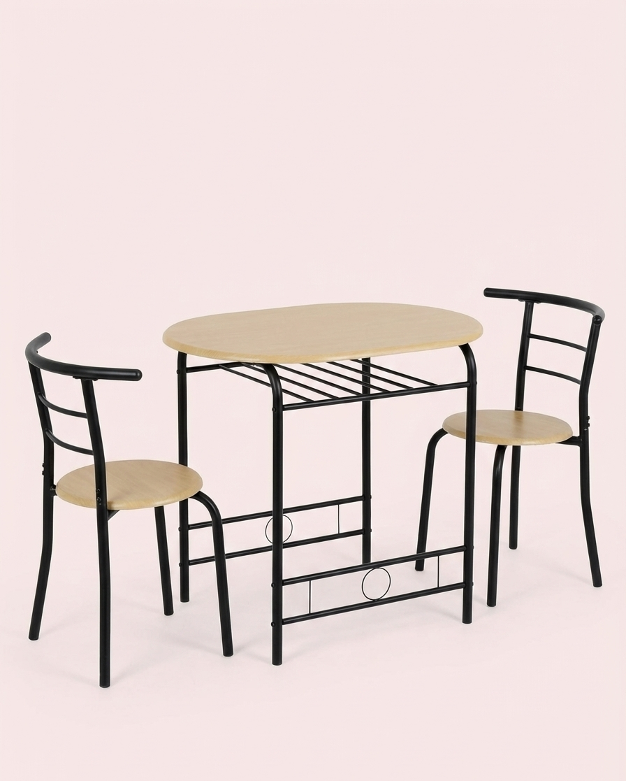 3-teiliges Esszimmer-Set für 2 – Minimalistischer Holztisch + 2 Stühle mit Metallrahmen
