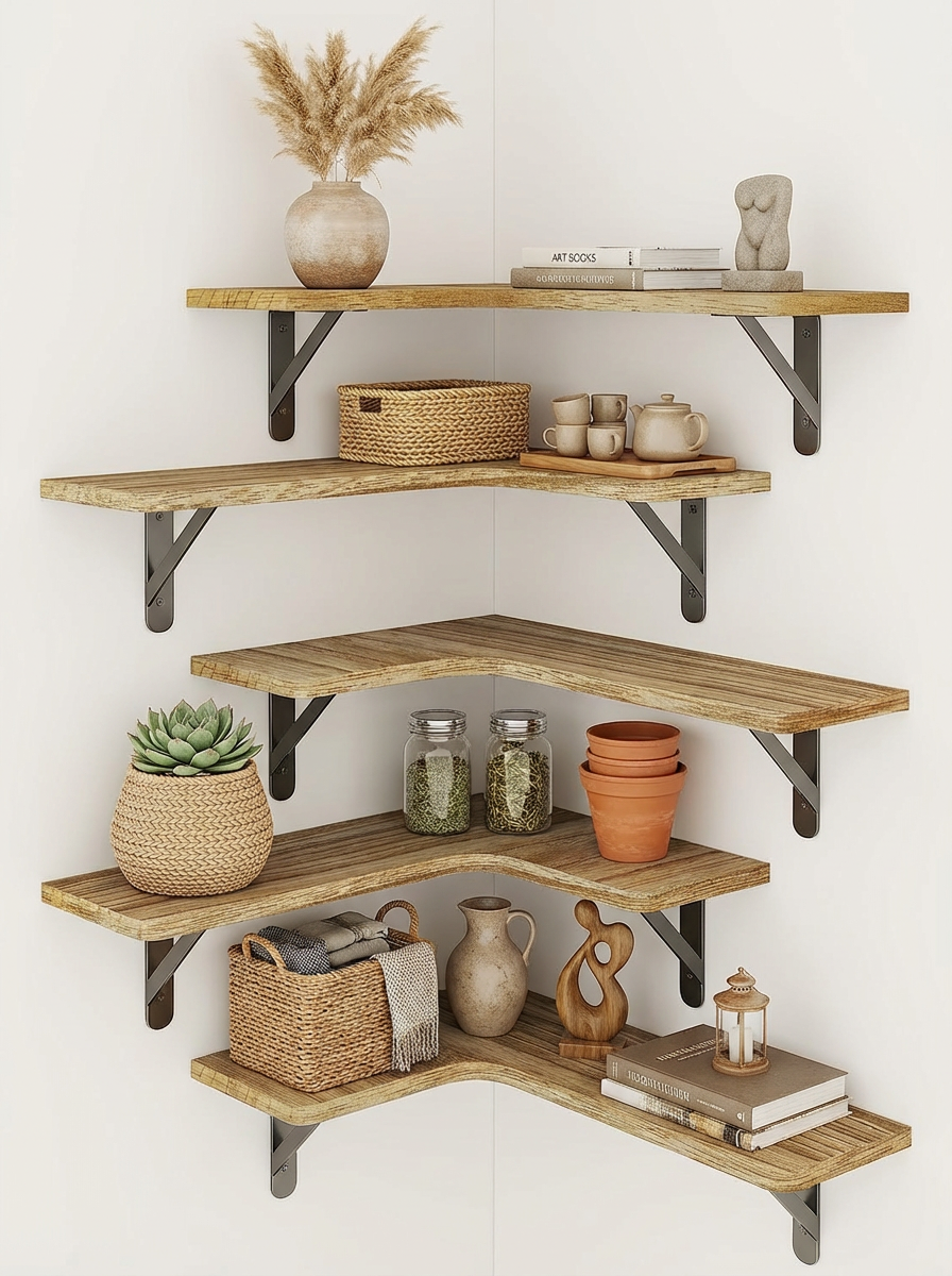 Rustikale schwebende Eckregale 5er-Set – Wandregale aus Holz