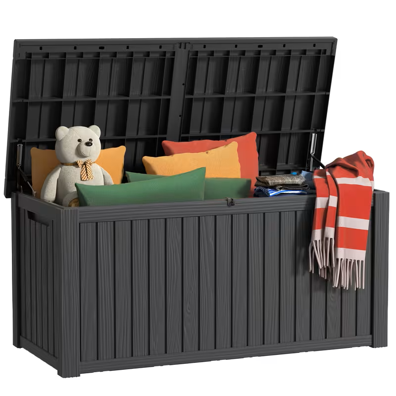 75 Gallonen Outdoor-Aufbewahrungsbox – wasserdichte Terrassenbox mit aufklappbarem Deckel, abschließbar und einfache Montage