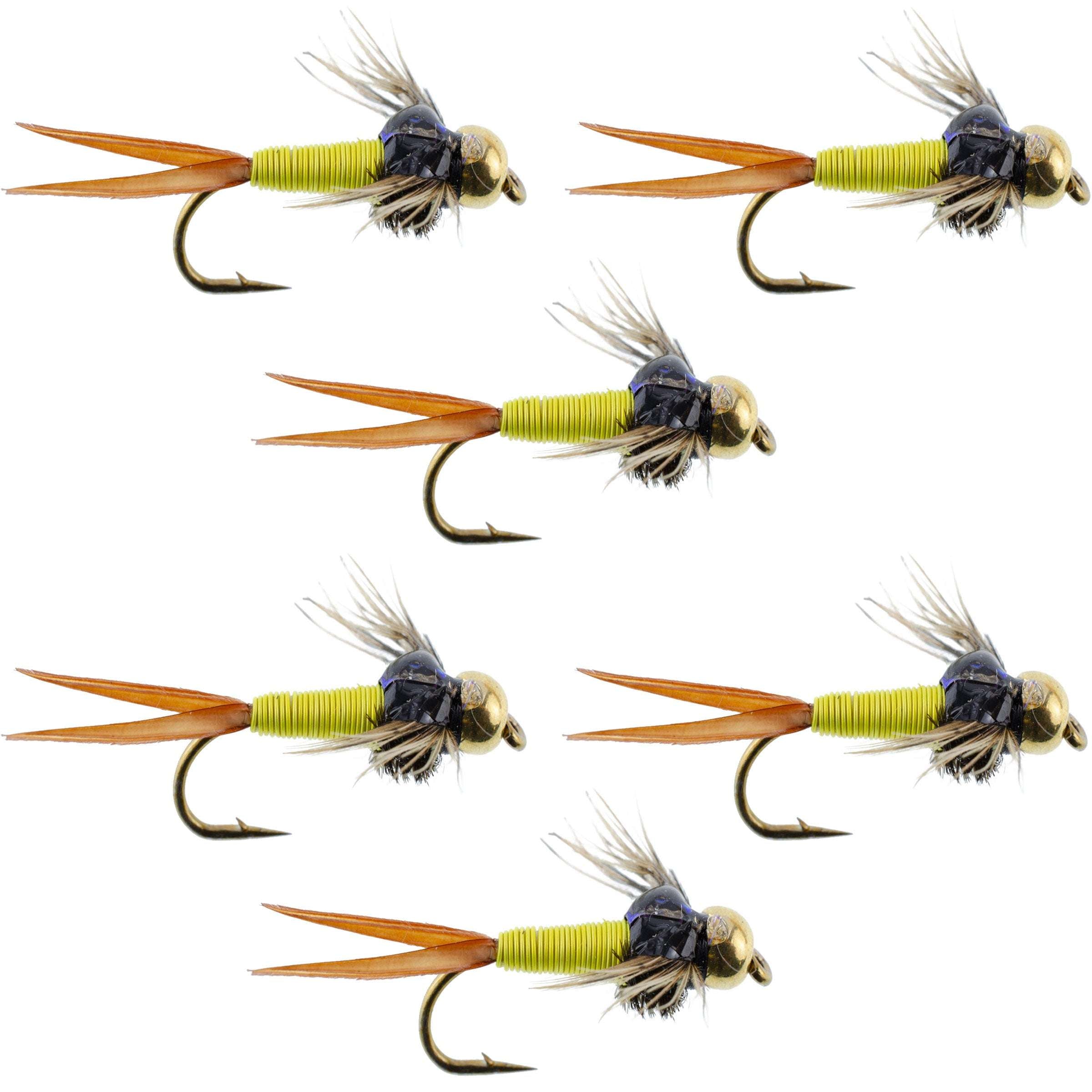 Bead Head Hot Yellow Copper John Nymphe – 6 Fliegen zum Fliegenfischen – Hakengröße 12