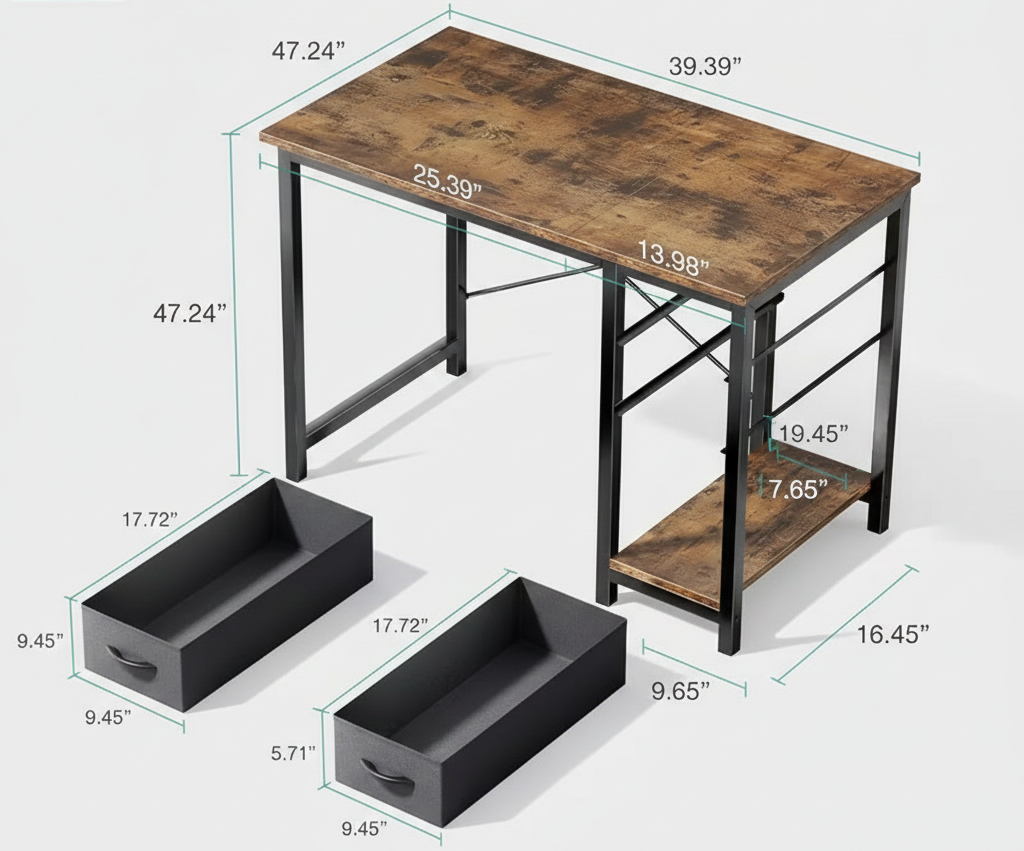 40/47 Zoll Computertisch mit Stoffschubladen, Moderner Home-Office-Tisch