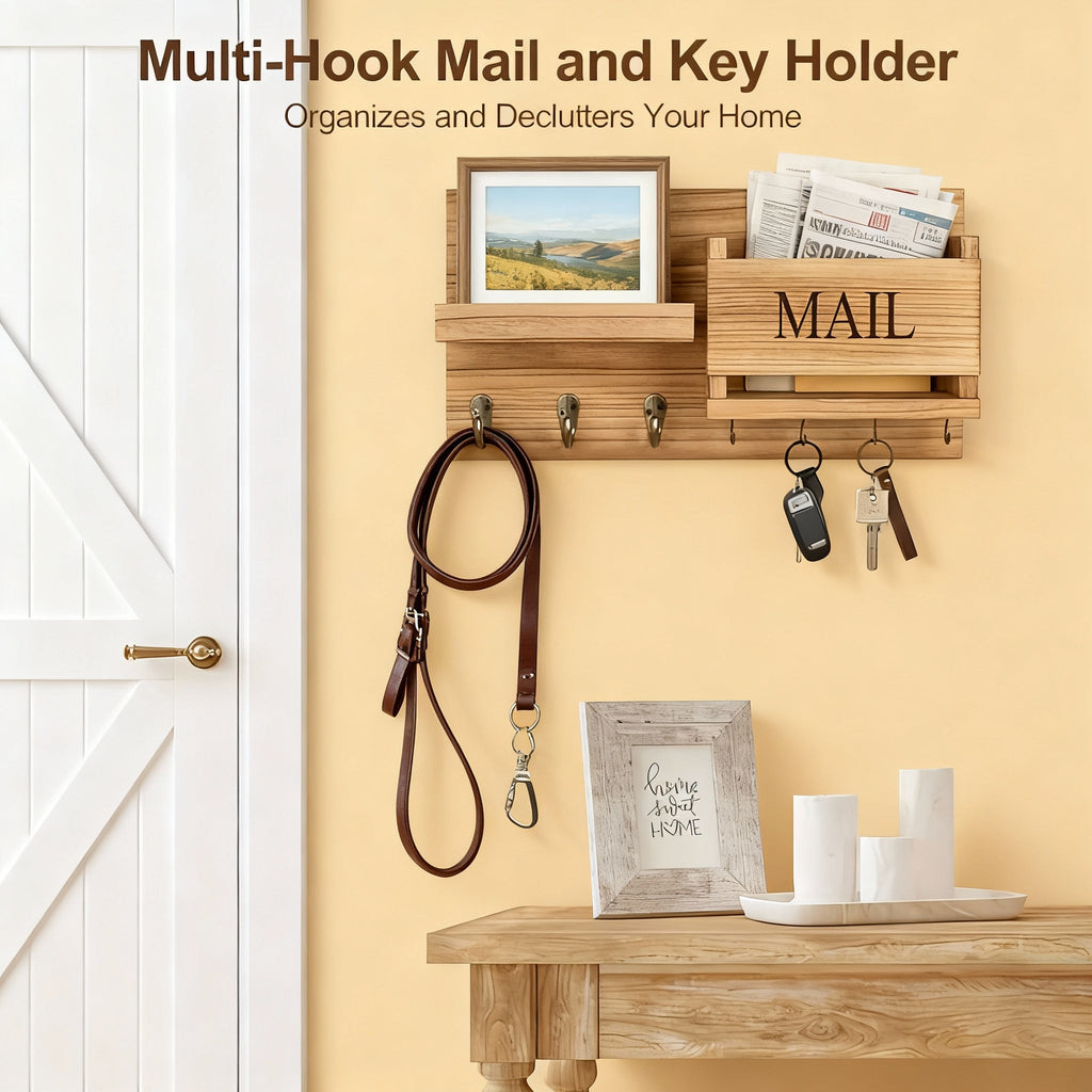 Organizer aus Vintage-Holz für die Wand – Schlüsselhalter, Postablage & Garderobenhaken