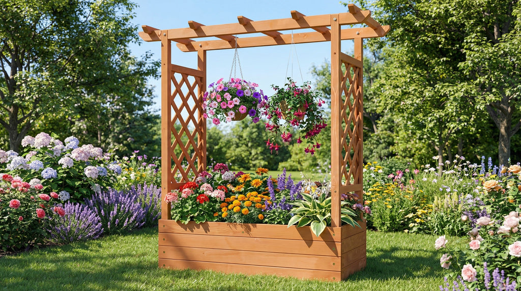 Erhöhtes Hochbeet aus Holz mit hohem Rankgitter für Kletterpflanzen