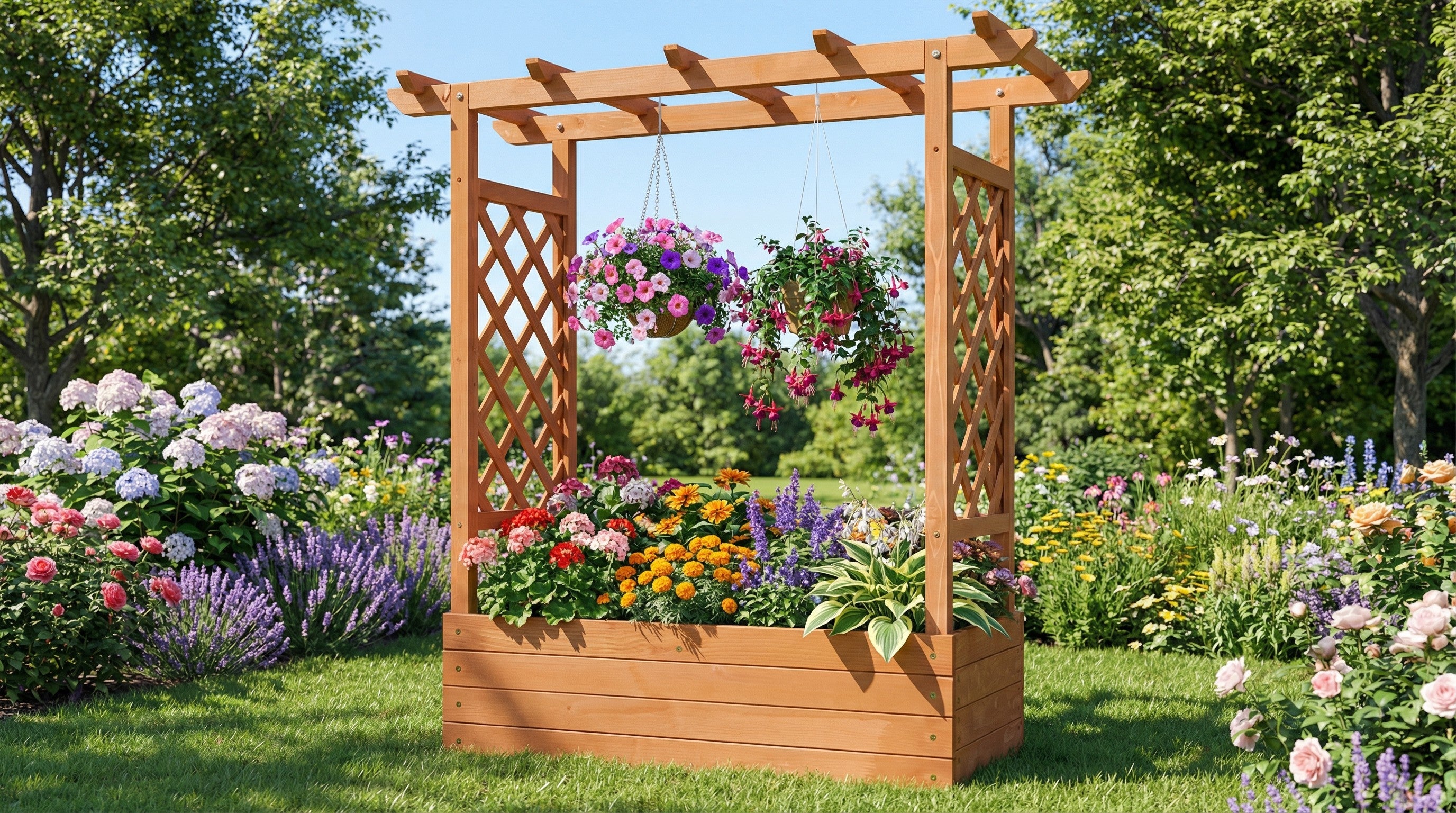 Erhöhtes Hochbeet aus Holz mit hohem Rankgitter für Kletterpflanzen