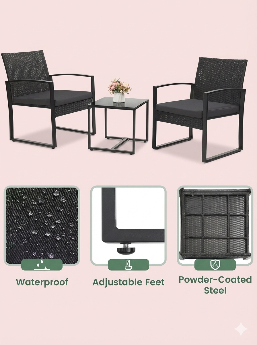 3-teiliges Outdoor-Terrassenmöbelset – Korbstühle + Bartisch mit Polstern