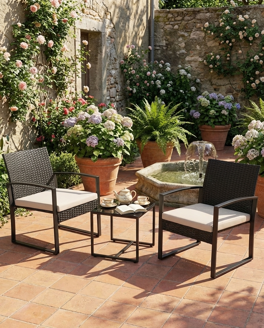 3-teiliges Outdoor-Terrassenmöbelset – Korbstühle + Bartisch mit Polstern