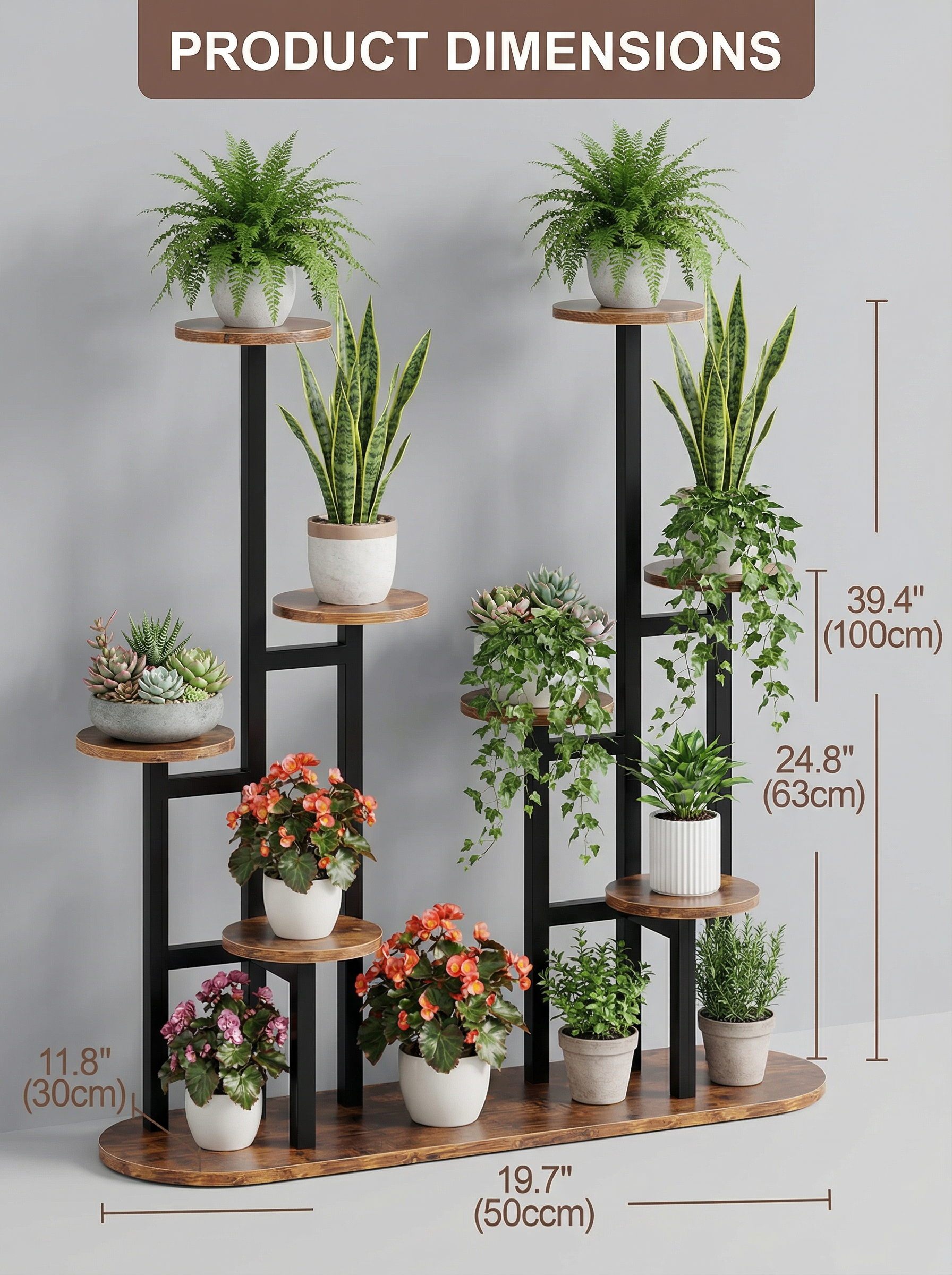 8-stufiges Pflanzenregal aus Metall und Holz, mehrstufiges Blumenregal für Innen und Außen, hohes Eckregal für Pflanzen