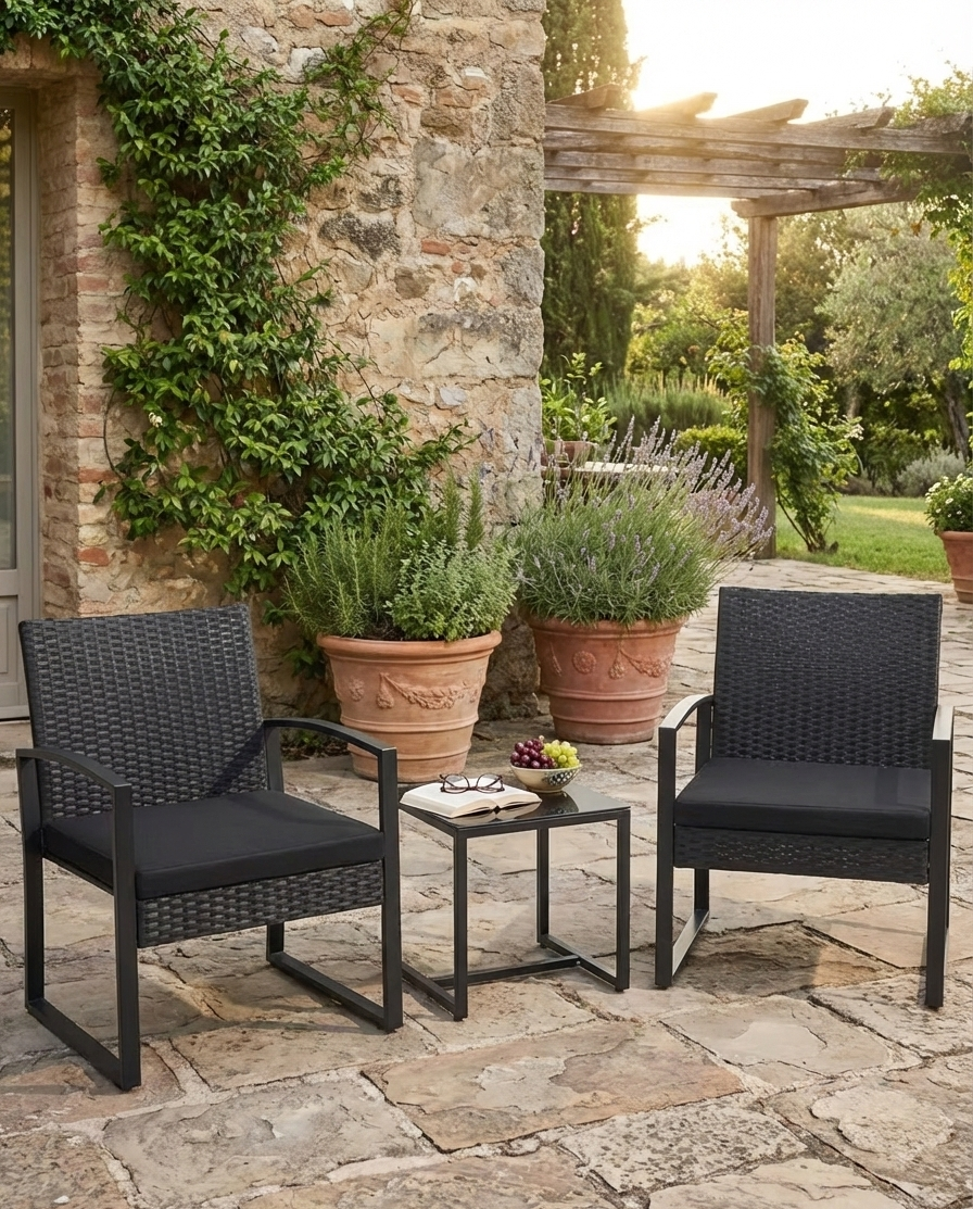 3-teiliges Outdoor-Terrassenmöbelset – Korbstühle + Bartisch mit Polstern