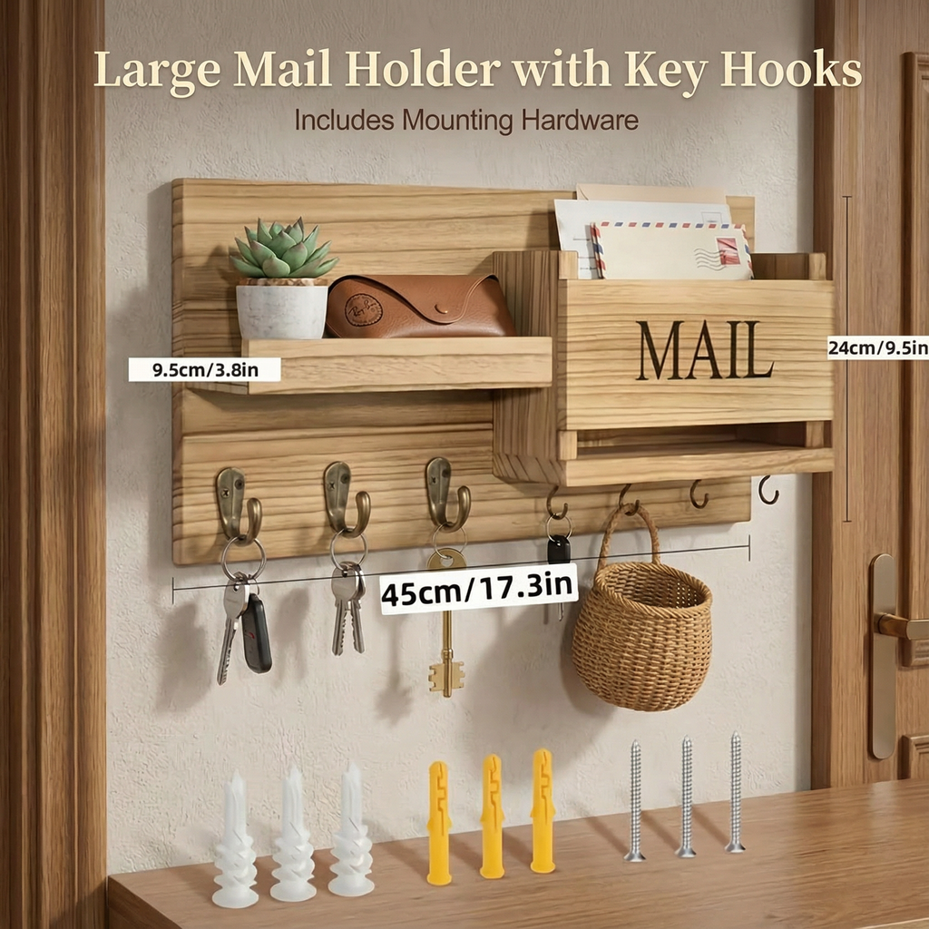 Organizer aus Vintage-Holz für die Wand – Schlüsselhalter, Postablage & Garderobenhaken