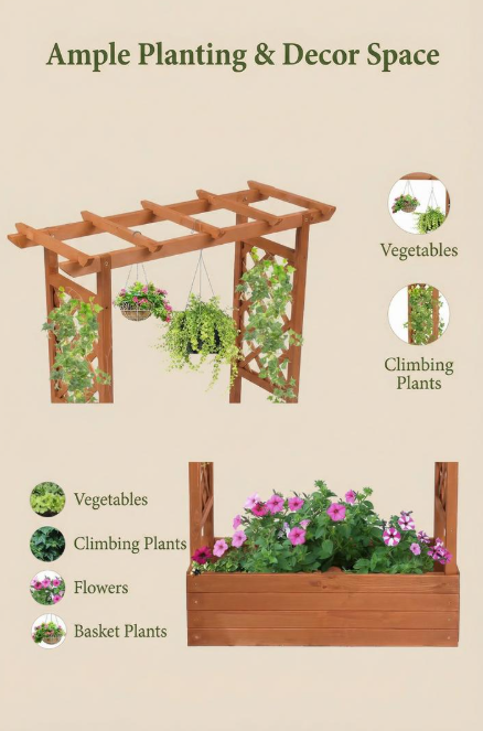 Erhöhtes Hochbeet aus Holz mit hohem Rankgitter für Kletterpflanzen