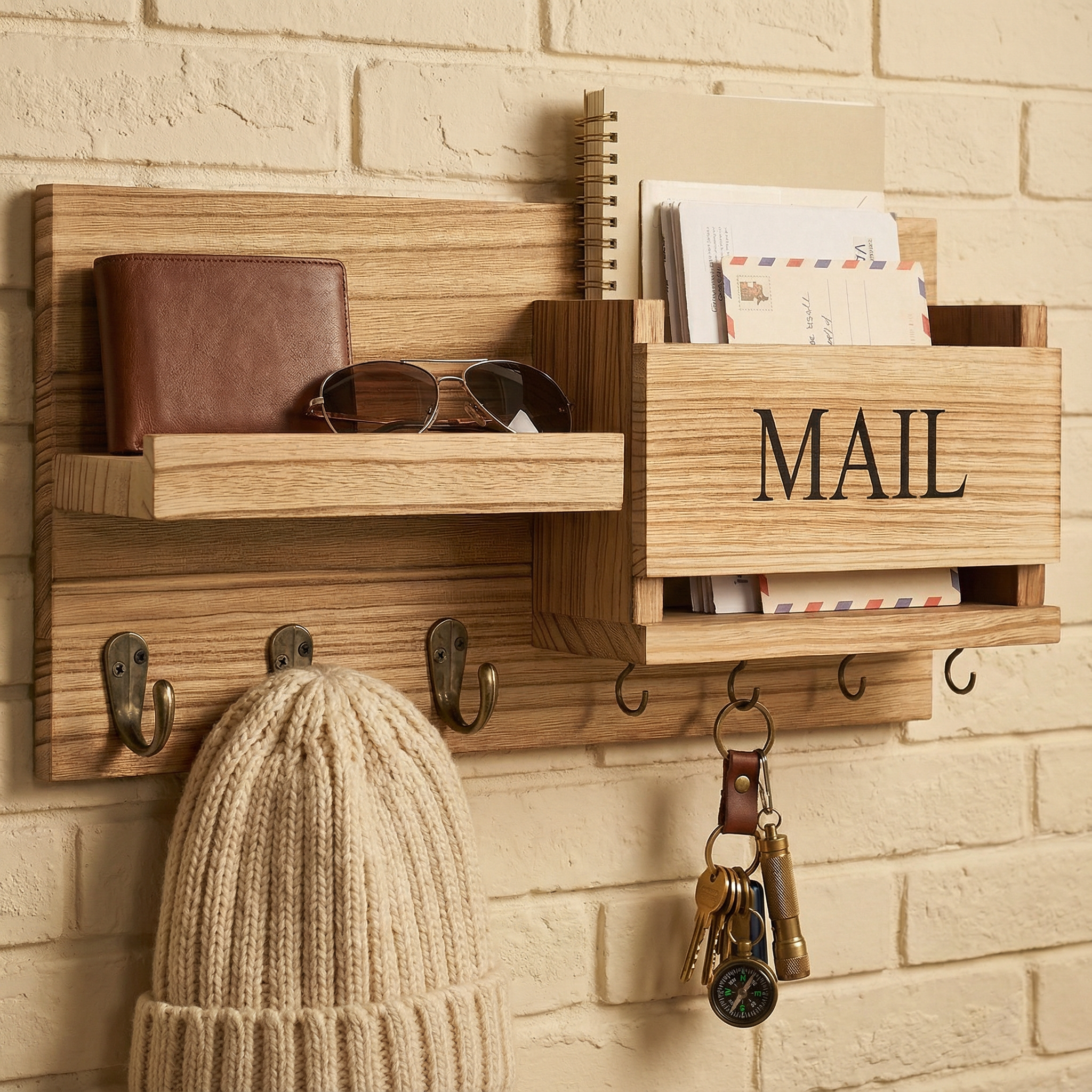 Organizer aus Vintage-Holz für die Wand – Schlüsselhalter, Postablage & Garderobenhaken