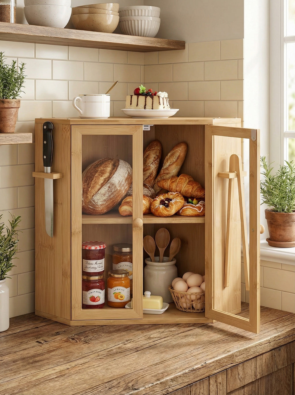 Bambus Brotkasten mit durchsichtigen Türen – 2-stöckiger Küchenarbeitsplatten-Organizer