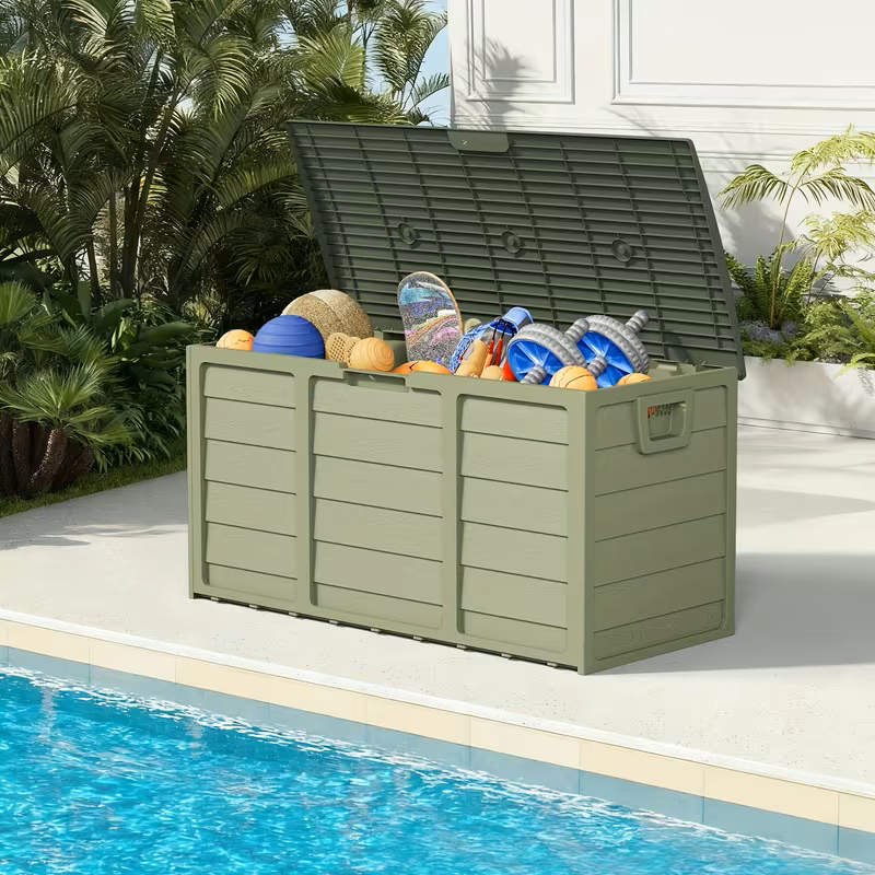 75 Gallonen Outdoor-Aufbewahrungsbox – wasserdichte Terrassenbox mit aufklappbarem Deckel, abschließbar und einfache Montage