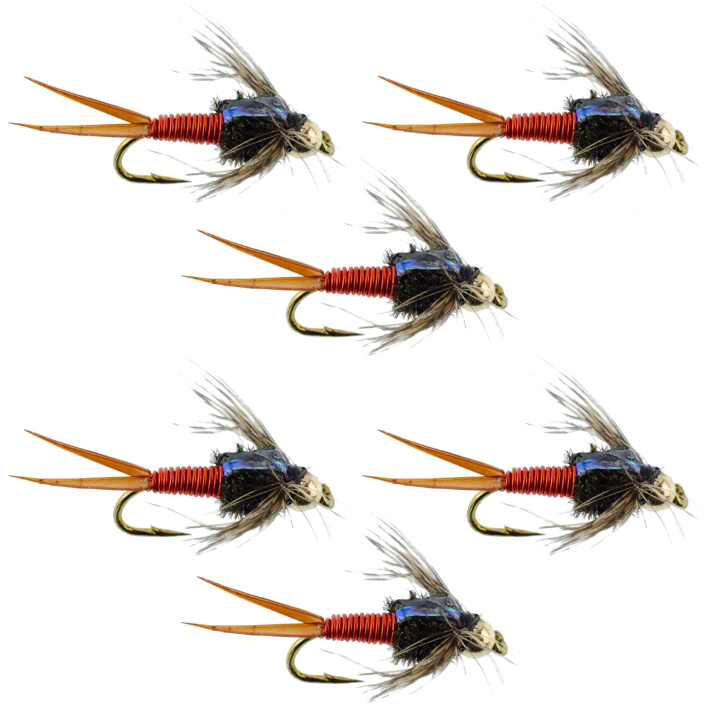 Bead Head Hot Orange Copper John Nymphe – 6 Fliegen zum Fliegenfischen – Hakengröße 12