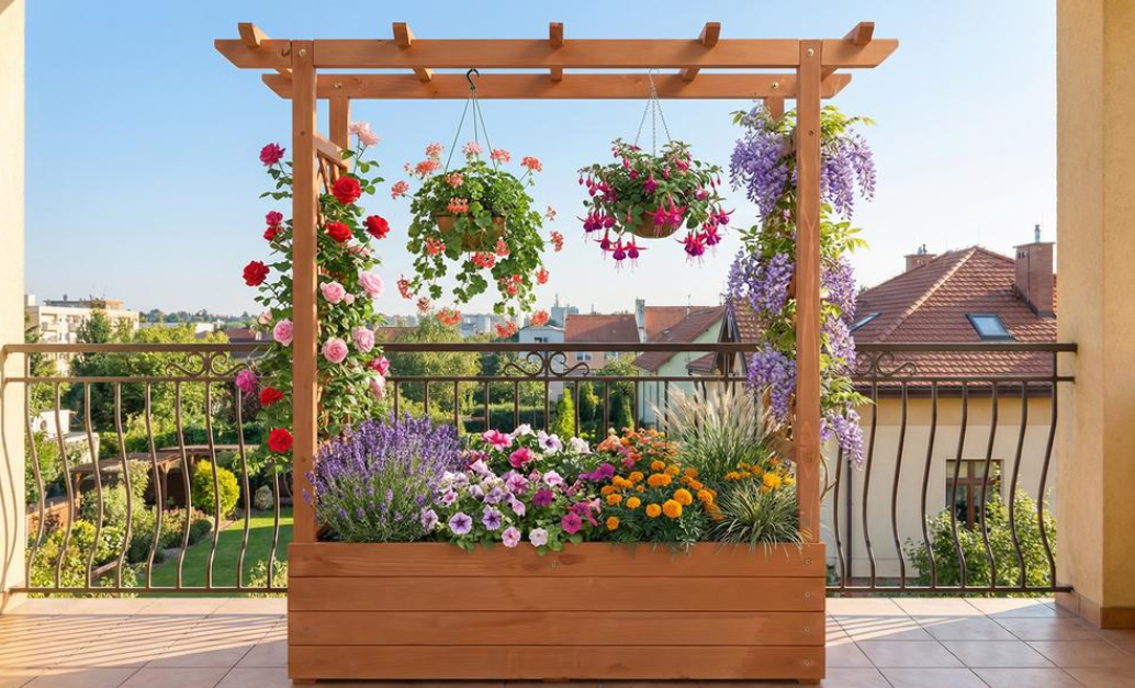 Erhöhtes Hochbeet aus Holz mit hohem Rankgitter für Kletterpflanzen