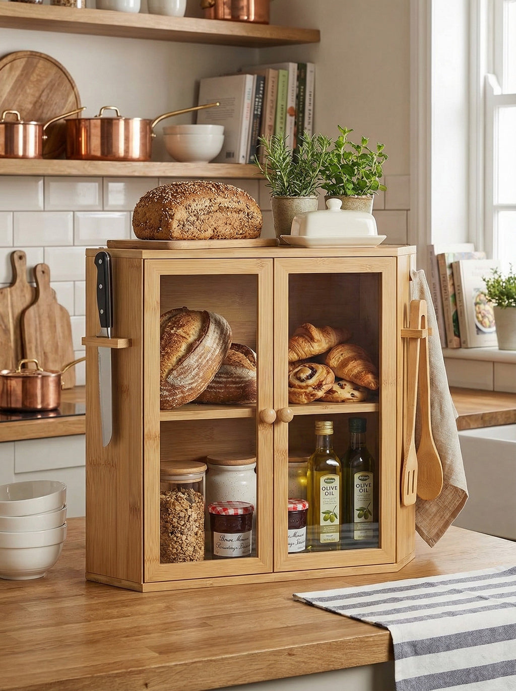 Bambus Brotkasten mit durchsichtigen Türen – 2-stöckiger Küchenarbeitsplatten-Organizer