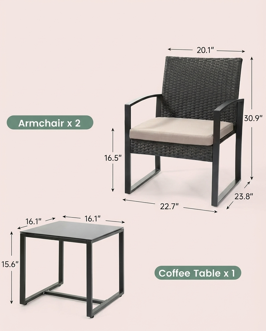 3-teiliges Outdoor-Terrassenmöbelset – Korbstühle + Bartisch mit Polstern