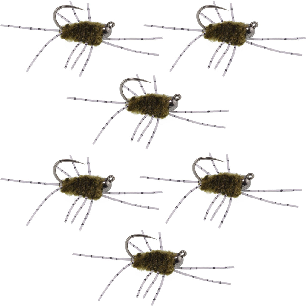 Barbless Pat's Rubber Legs Tungsten Jig Dark Olive Euro Nymph 6 Flies #6
