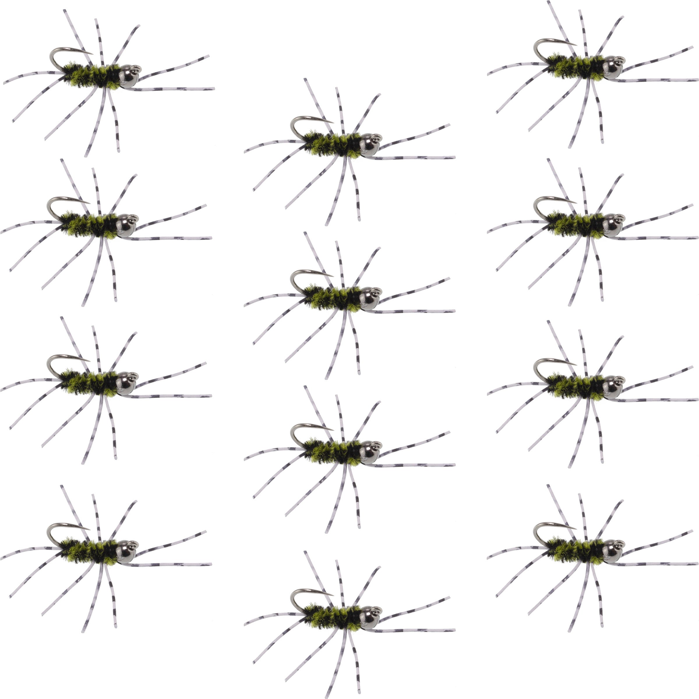 Pat's Rubber Legs Tungsten Jig Black/Olive Euro Nymph 12 Flies Size 6