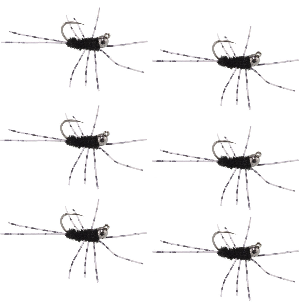 Barbless Pat's Rubber Legs Tungsten Bead Jig Black Euro Nymph 6 Flies #6
