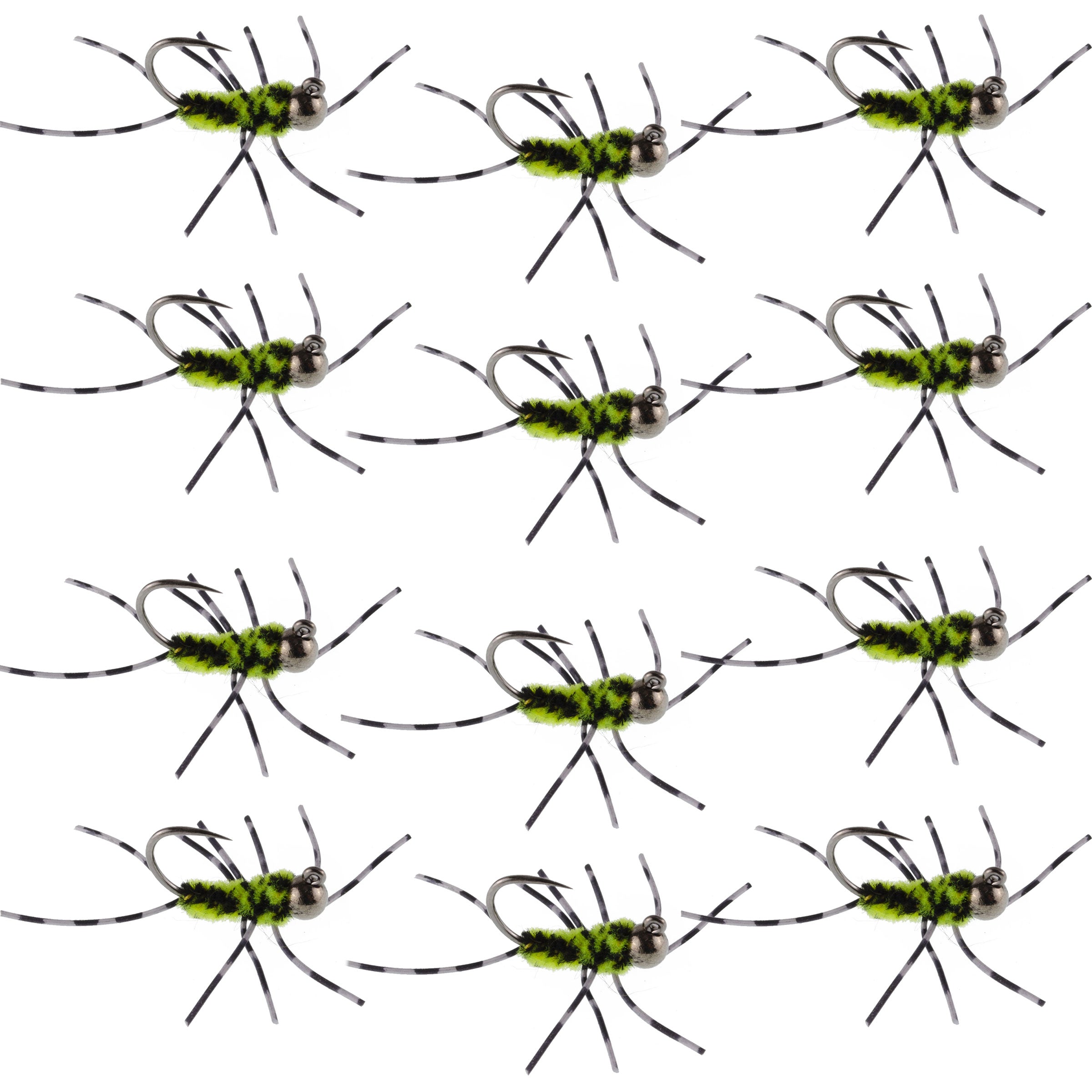 Pat's Rubber Legs Tungsten Jig Black/Chartreuse Euro Nymph 12 Flies Size 6