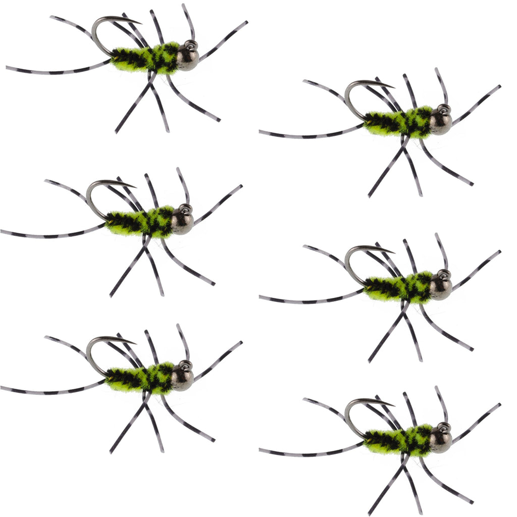 Widerhakenlos Pat's Rubber Legs Tungsten Black/Chartreuse Euro Nymphe 6 Fliegen #6