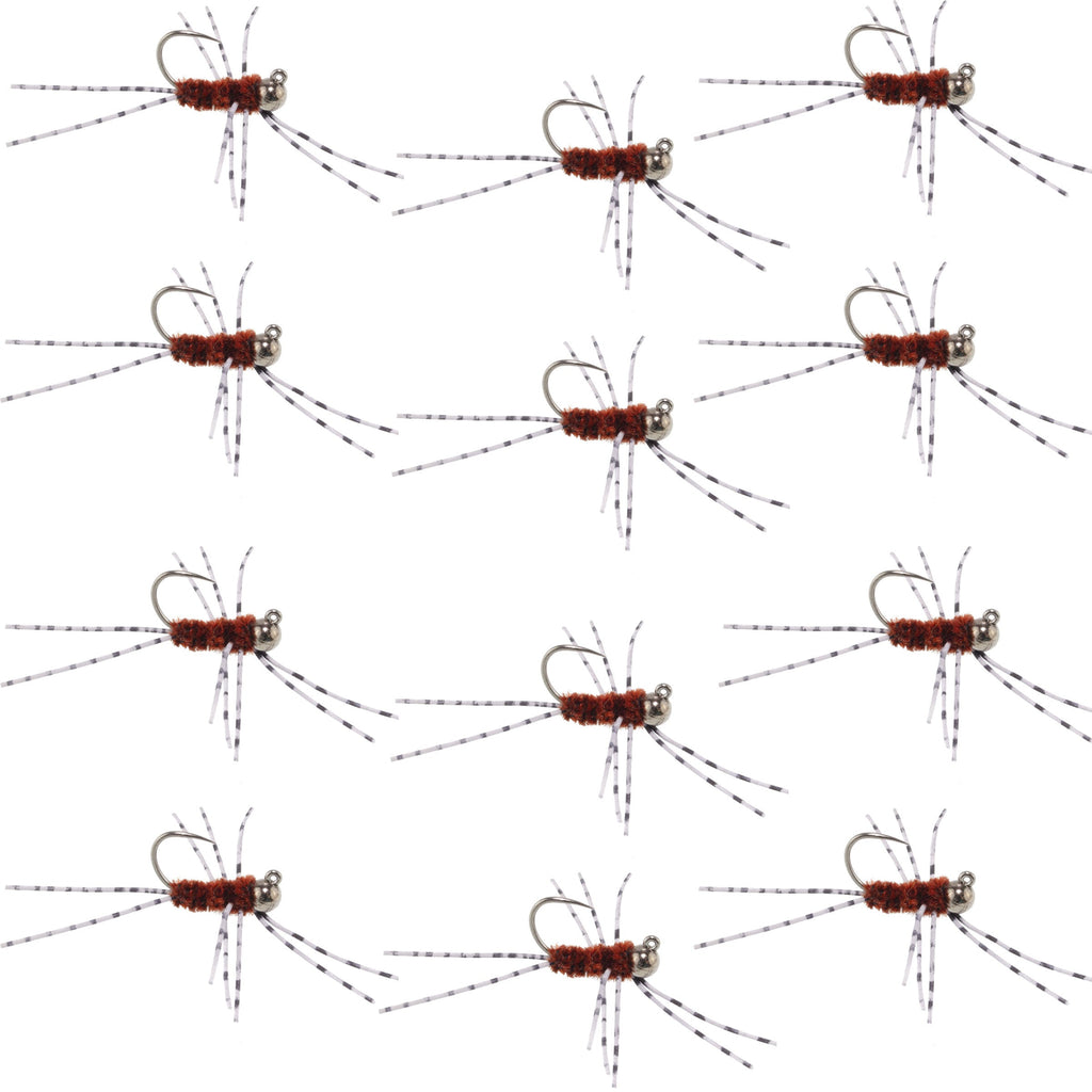 Barbless Pats Rubber Legs Tungsten Jig Brown Euro Nymph 12 Flies #6
