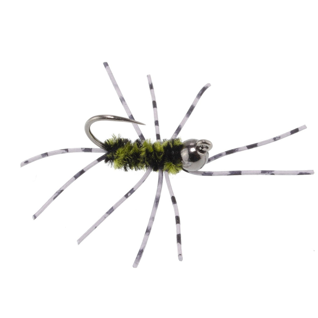 Barbless Pat's Rubber Legs Tungsten Jig Black/Olive Euro Nymph 6 Flies #6