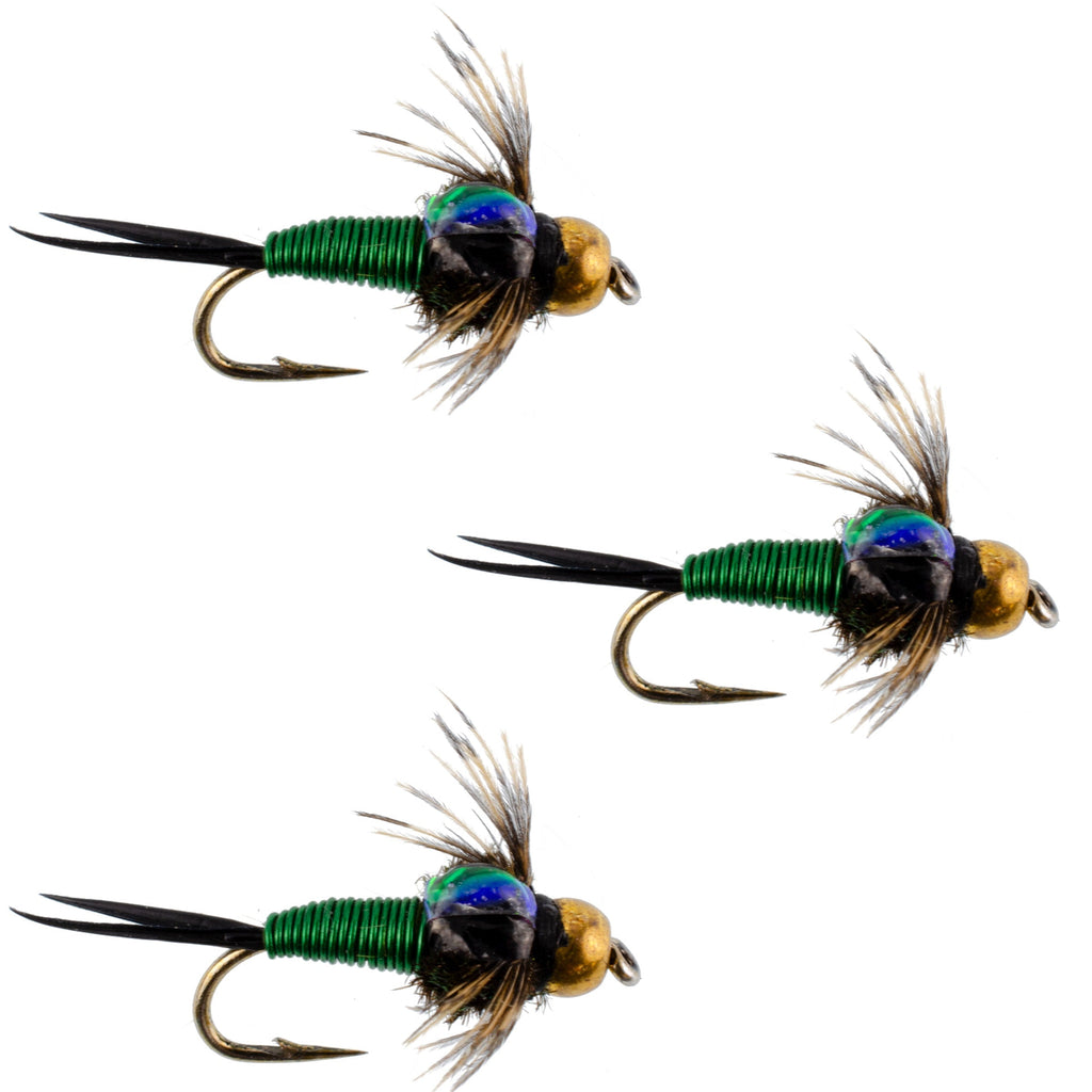 3er-Pack Bead Head Green Copper John Nymphen zum Fliegenfischen – Hakengröße 14