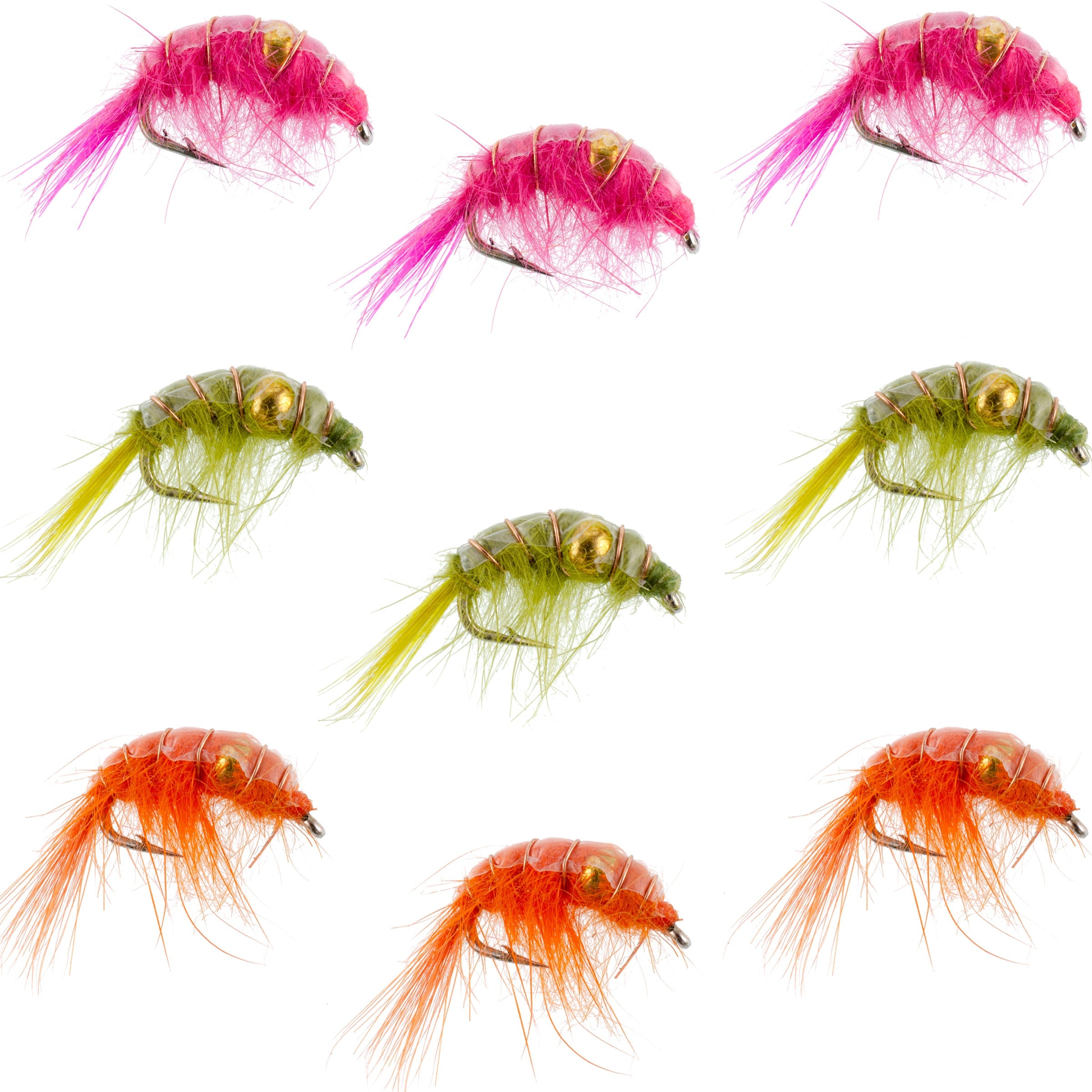 Geperltes Garnelen-Scud-Sortiment – 9 Fliegen – je 3 Stück von 3 Mustern Größe 12 – Tailwater-Fliegenfisch-Set für Seen