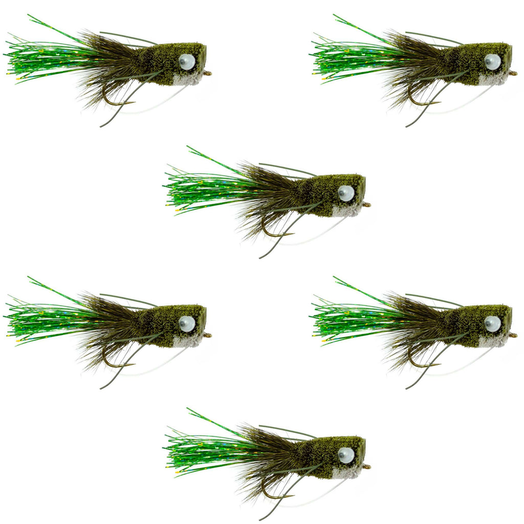Flashtail Bass Popper 6 Fliegen Größe 8 – Olive Bassfliege Angelköder mit Weitbogenhaken und Krautschutz