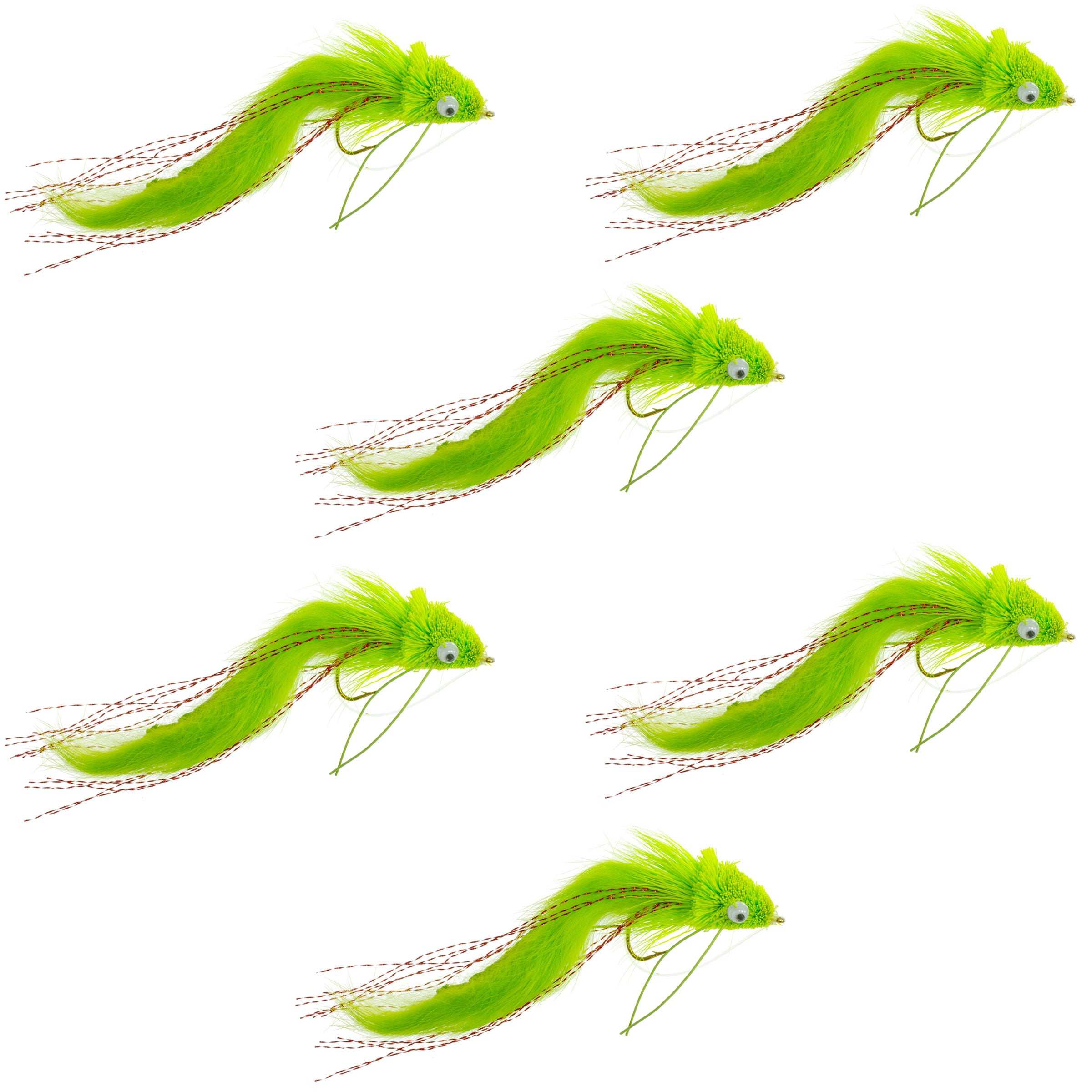 Chartreuse Kaninchenstreifen Rehhaar Diver 6 Fliegen Größe 4 - Bass Fliegenfischen Bug Wide Gape Bass Haken mit Krautschutz