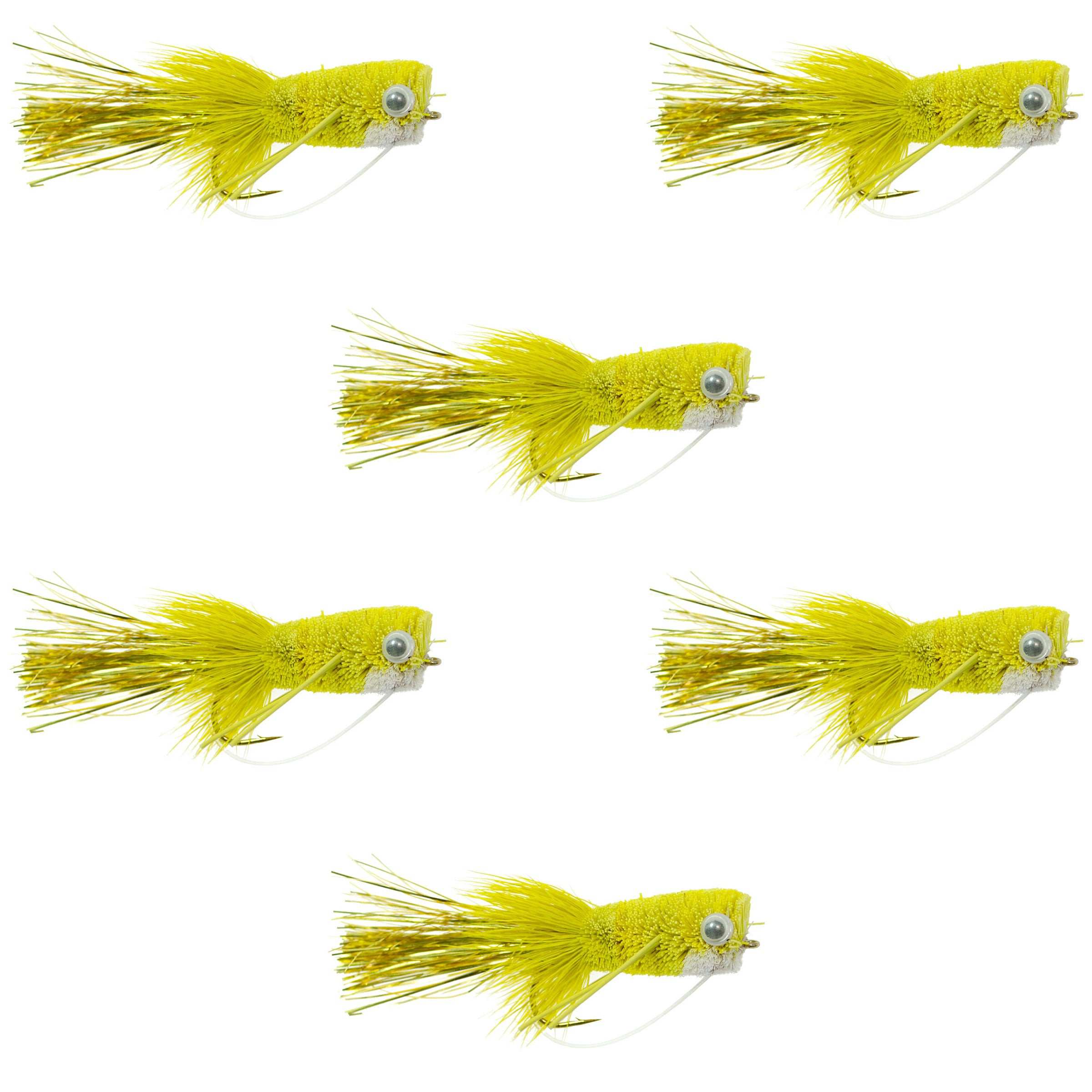 Flashtail Bass Popper 6 Fliegen Größe 8 - Gelbe Bassfliege Angelköder Wide Gape Basshaken mit Krautschutz