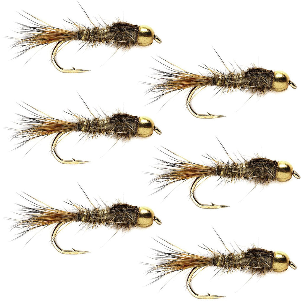 Bead Head Nymph Fliegen – Gold Ribbed Hare's Ear Forellenfliege – Nymphen Nassfliege – 6 Fliegen Hakengröße 16