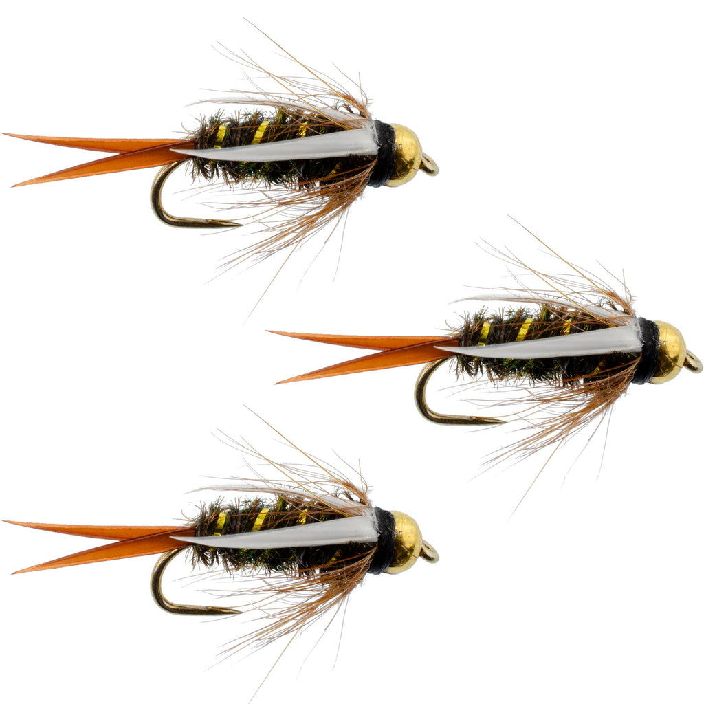 3er-Pack widerhakenlose Prince Nymph Fliegen mit Goldkopf zum Fliegenfischen – Hakengröße 10