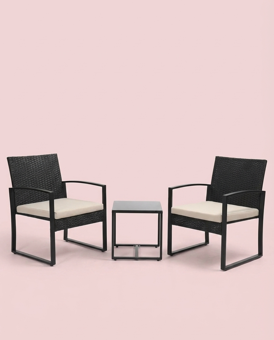 3-teiliges Outdoor-Terrassenmöbelset – Korbstühle + Bartisch mit Polstern