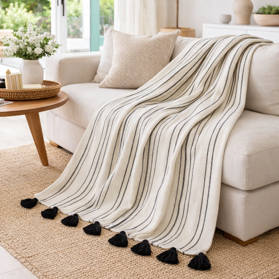 Handgewebte Decke aus 100 % Alpaka – Nadelstreifen in Schwarz und Elfenbein – Kollektion Miska