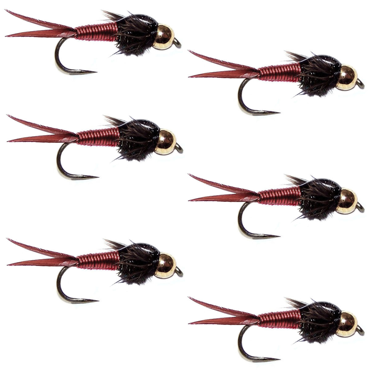 Widerhakenlose Bead Head Red Copper John Nymphe Fliege – 6 Fliegen Hakengröße 12