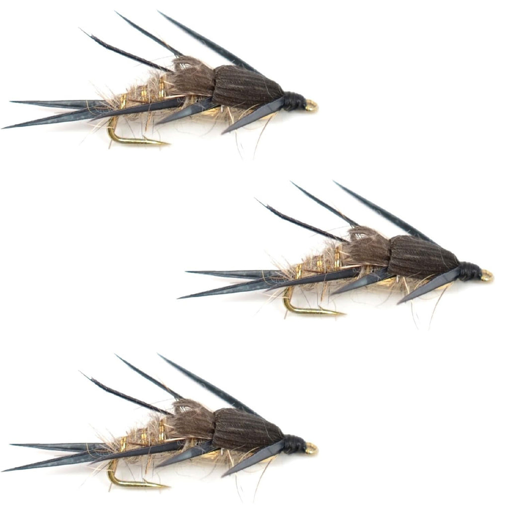 3er-Pack Double Bead Black Biot Legs Gold Ribbed Hare's Ear Nymphen-Fliegen (Angelhaken Größe 10)