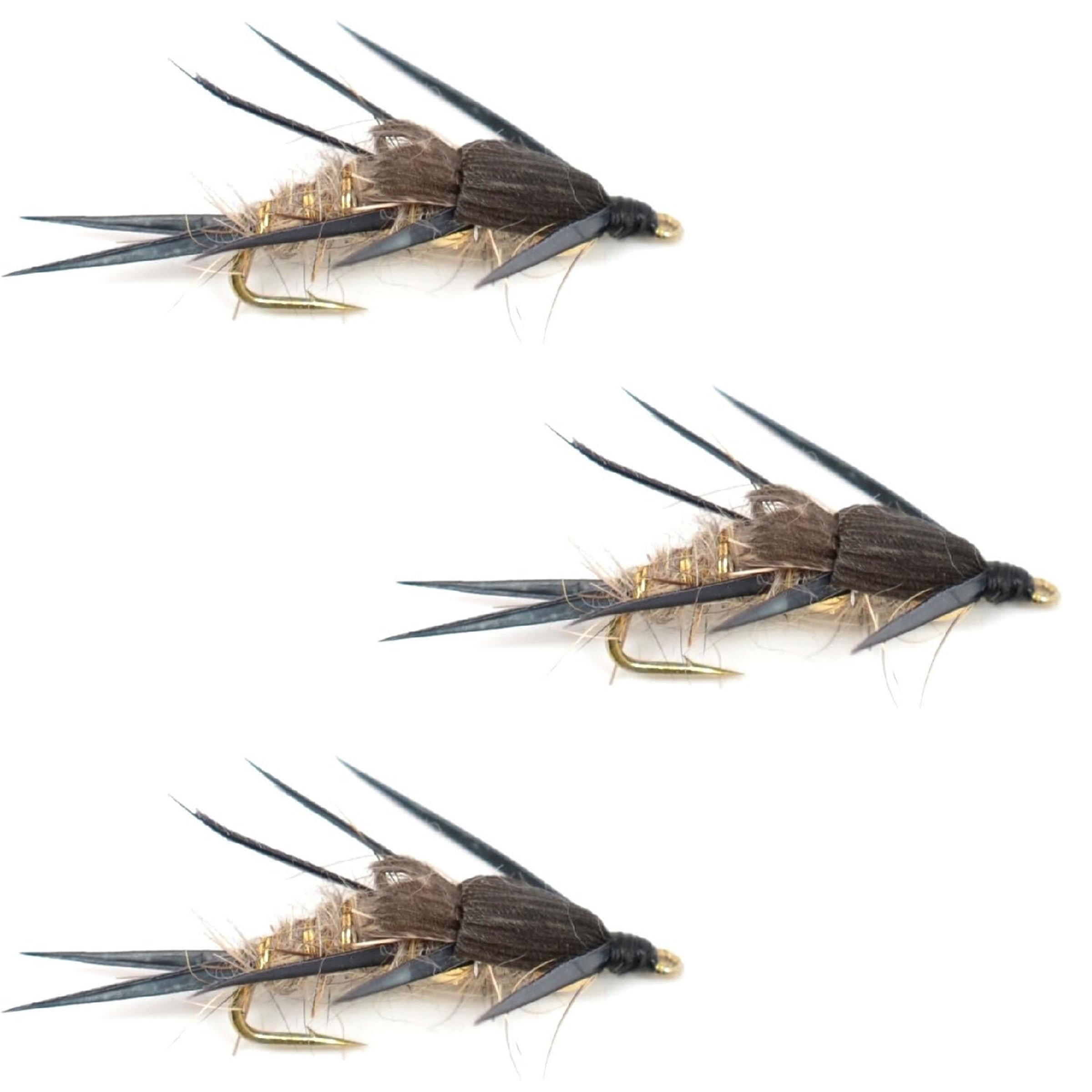 3er-Pack Double Bead Black Biot Legs Gold Ribbed Hare's Ear Nymphen-Fliegen (Angelhaken Größe 10)