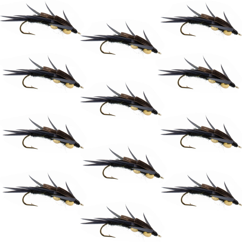 Double Bead Black Stone Fly mit schwarzen Biot-Beinen - Steinfliegen-Nassfliege - 1 Dutzend Fliegen Hakengröße 6