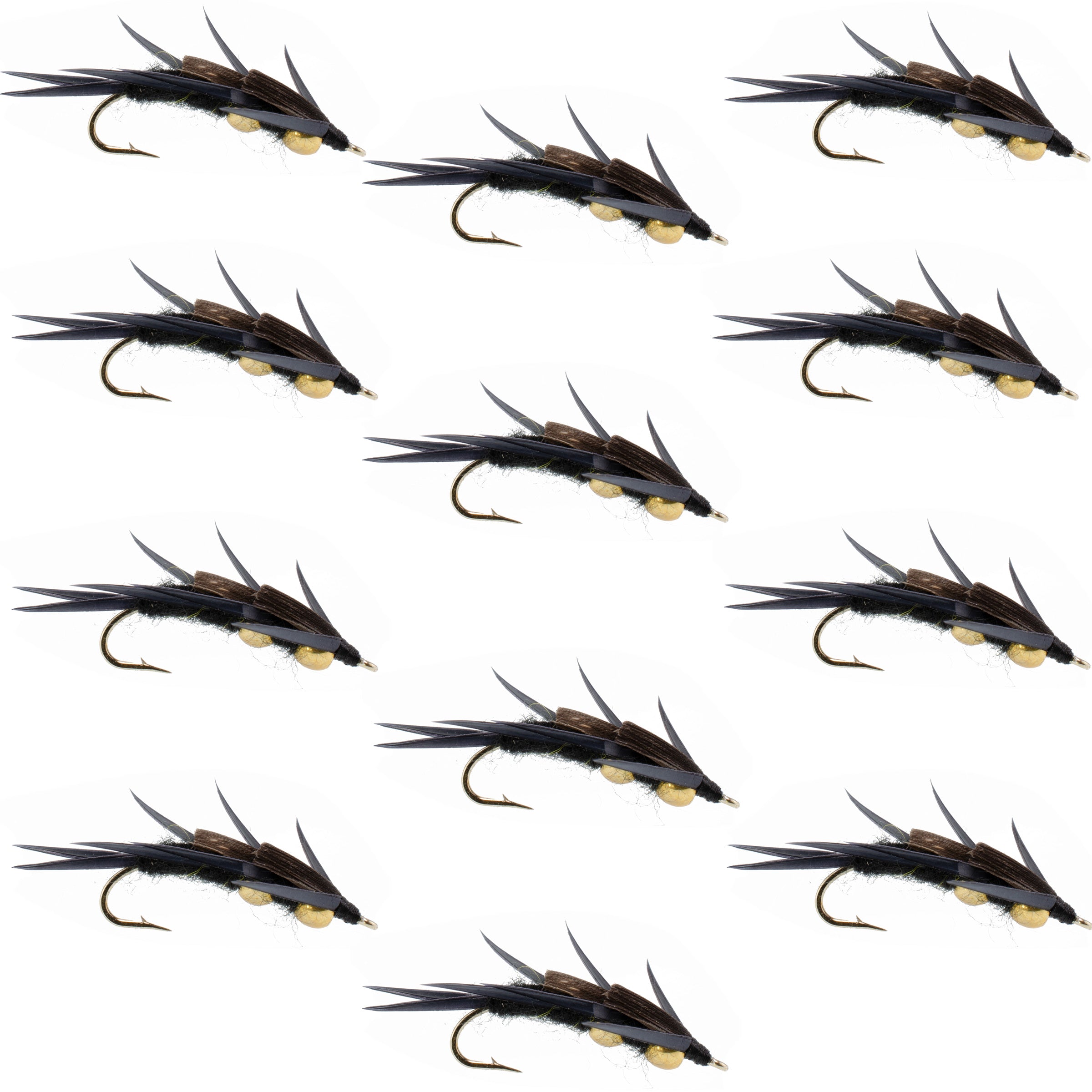 Double Bead Black Stone Fly mit schwarzen Biot-Beinen - Steinfliegen-Nassfliege - 1 Dutzend Fliegen Hakengröße 6