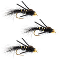3er-Pack Tungsten-Bead-Head Gummibein Black Gold-Ribbed Hare's Ear Forellen-Nymphe – Hakengröße 16