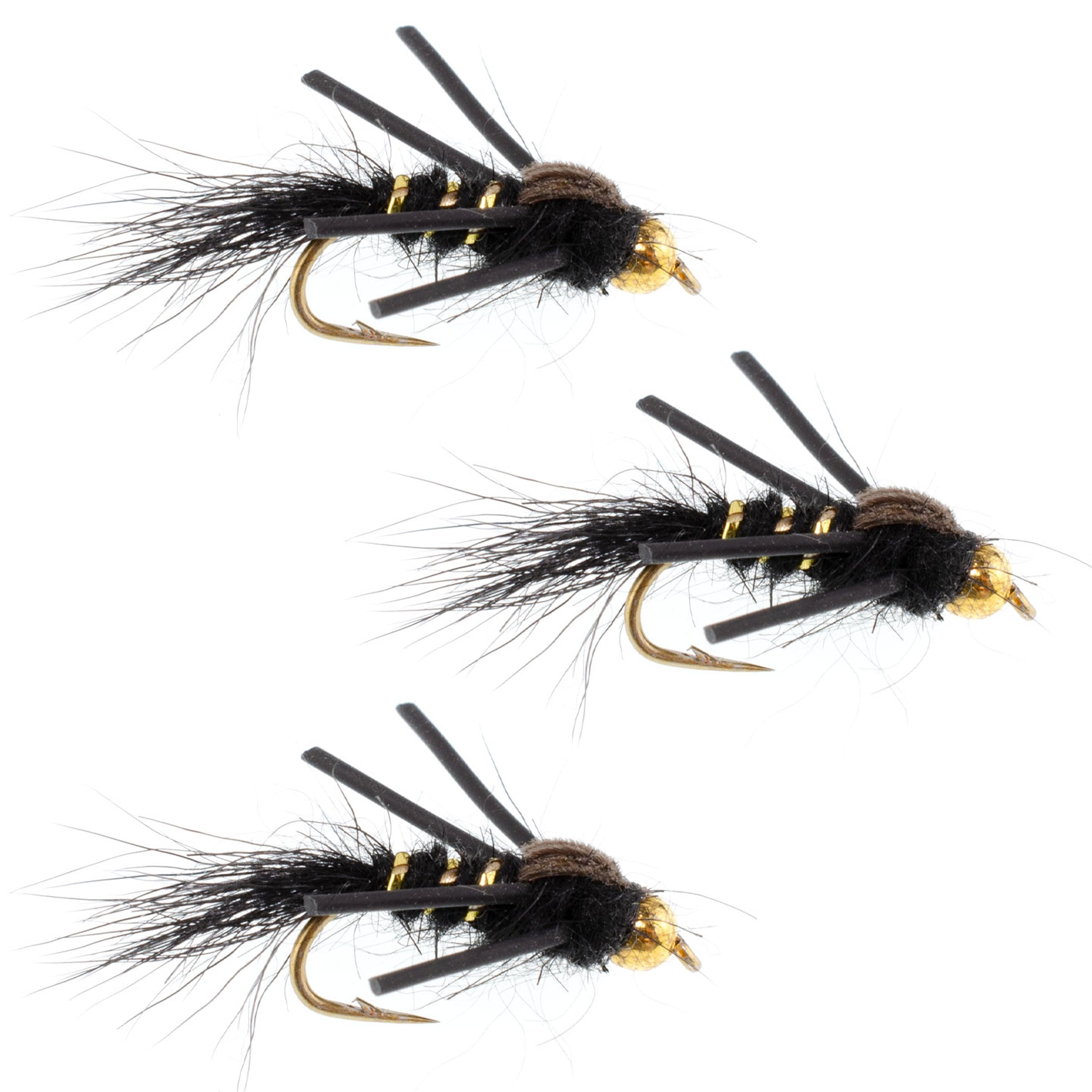 3er-Pack Tungsten-Bead-Head Gummibein Black Gold-Ribbed Hare's Ear Forellen-Nymphe – Hakengröße 16