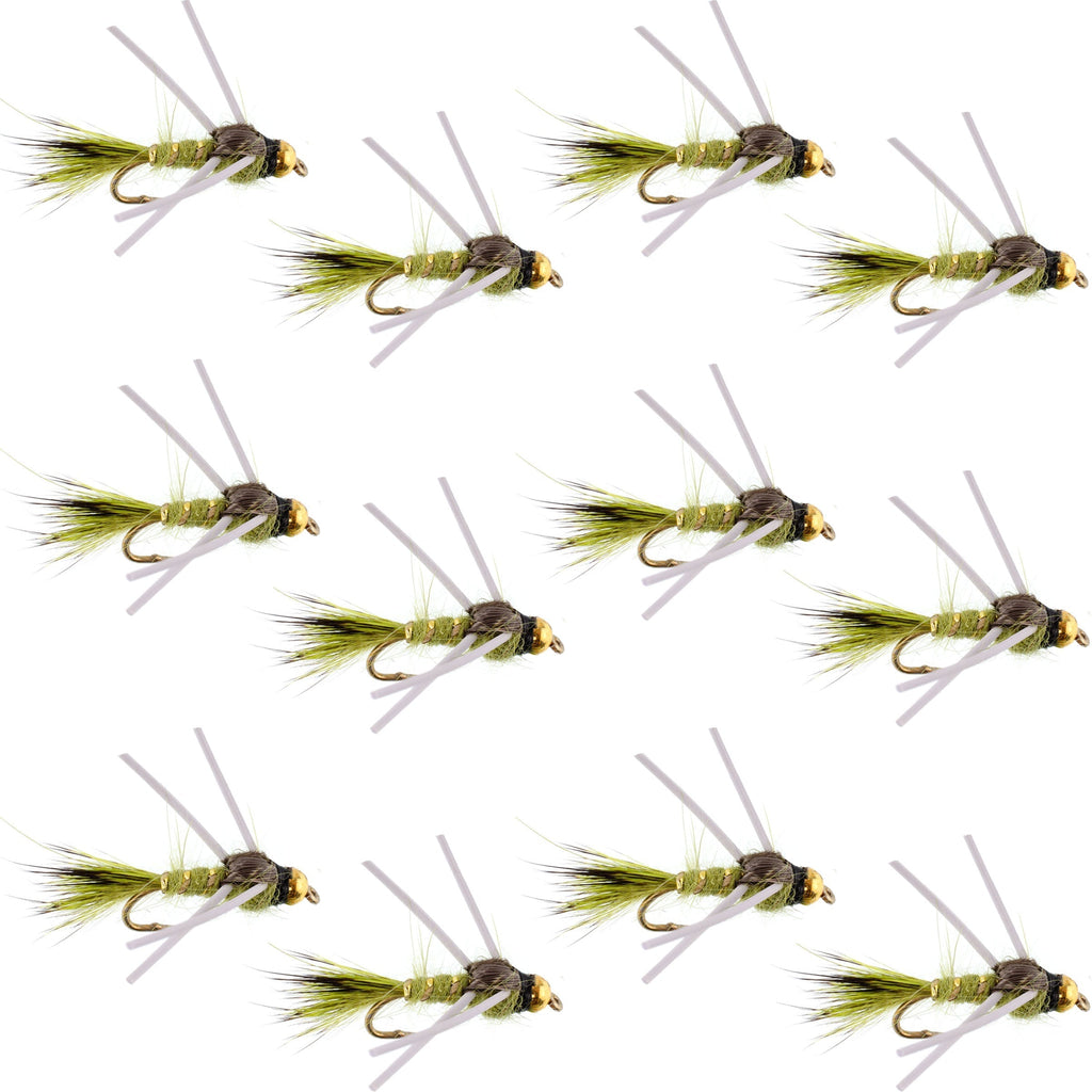 Wolframkopf-Nymphe mit Gummibeinen, Olive, goldgerippt, Hasenohr – 1 Dutzend Fliegen, Hakengröße 16