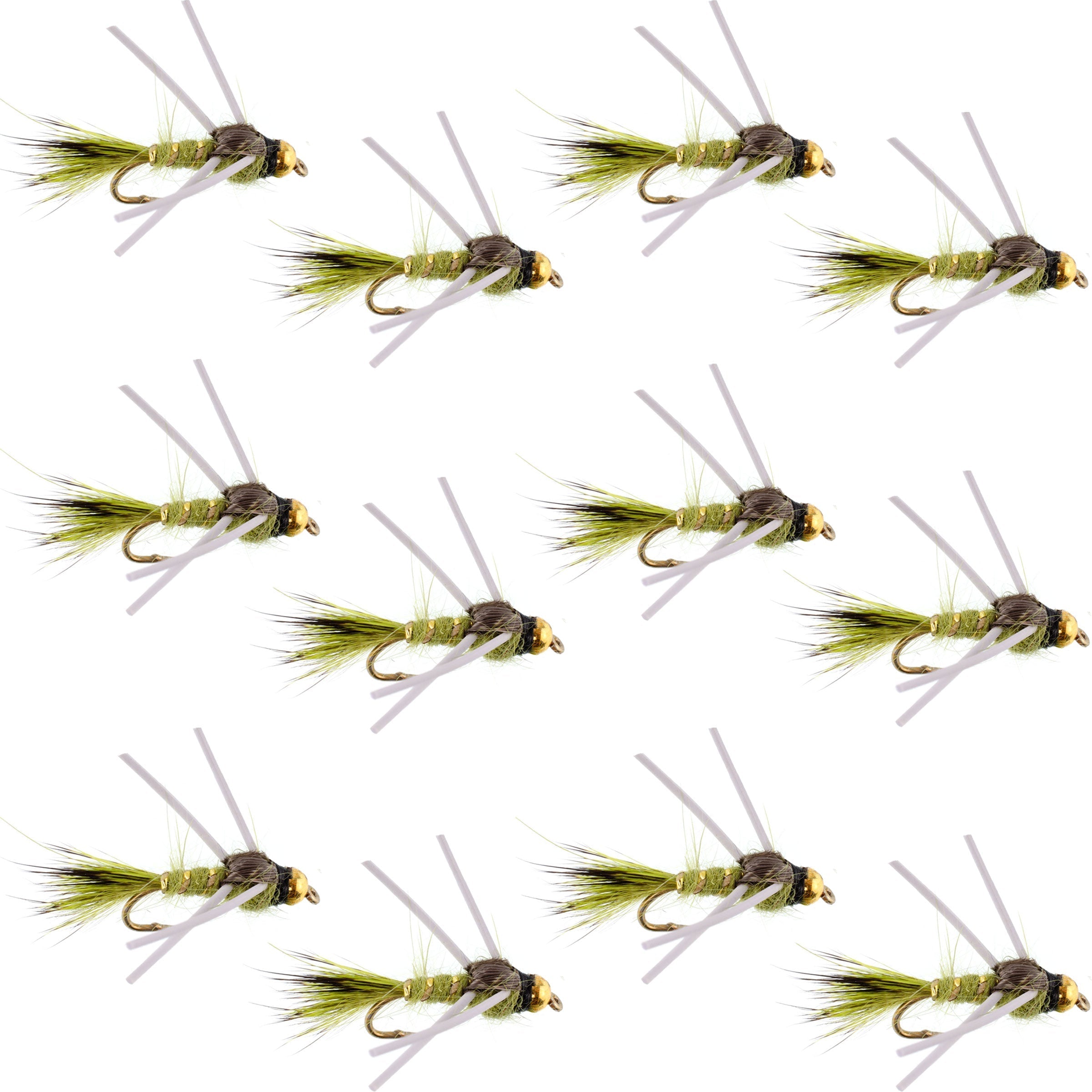Wolframkopf Gummi-Beine Olive Gold-gerippte Hasenohr Bachforellen-Nymphe - 1 Dutzend Fliegen Hakengröße 14