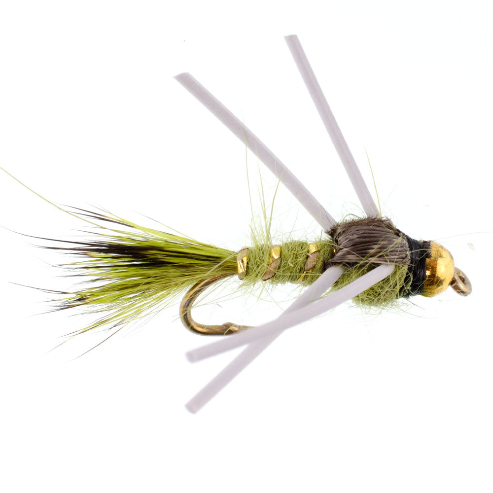 Wolframkopf Gummi-Beine Olive Gold-gerippte Hasenohr Bachforellen-Nymphe - 1 Dutzend Fliegen Hakengröße 14