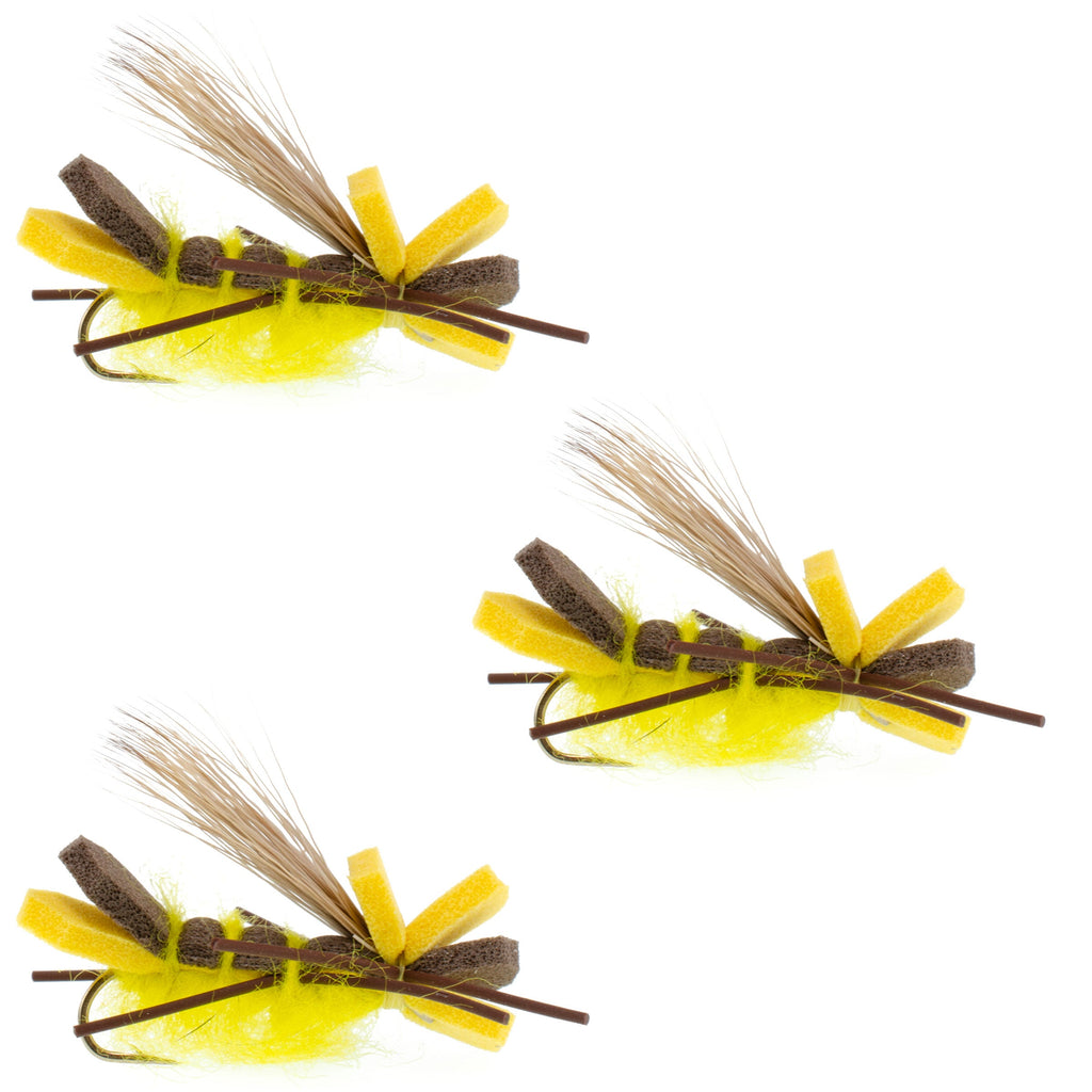 3er-Pack gelber Godzilla-Hopper – Schaumstoff-Heuschrecke oder ausgewachsenes Steinmücken-Fliegenmuster – Hakengröße 10